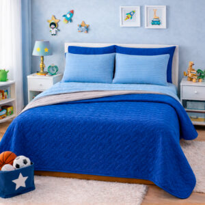 Combo Fresh Infantil Azul Rey/Gris – Juego de Sábanas Azul Cielo Embosadas + Cubrelecho Infantil Azul Rey/Gris