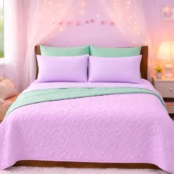 Combo Fresh Infantil Lila/Verde Menta Juego de S banas Lila Embosadas + Cubrelecho Infantil Lila/Verde Menta Casa LiLe