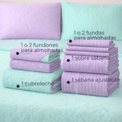 Combo Fresh Infantil Lila/Verde Menta Juego de S banas Lila Embosadas + Cubrelecho Infantil Lila/Verde Menta Casa LiLe