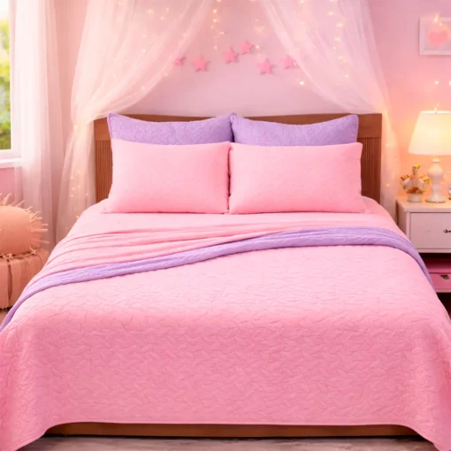 Combo Fresh Infantil Rosado/Lila Juego de S banas Rosado Embosadas + Cubrelecho Infantil Rosado/Lila Casa LiLe