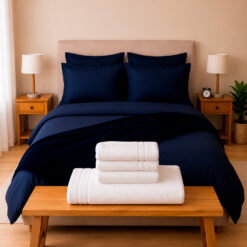 Combo Soltero 1000 Azul Oscuro - Protector Antifluido, Plumón, Almohada(s), Juego Duvet, Cobija Bunny y Toallas