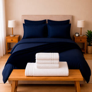 Combo Soltero 1000 Azul Oscuro - Protector Antifluido, Plumón, Almohada(s), Juego Duvet, Cobija Bunny y Toallas