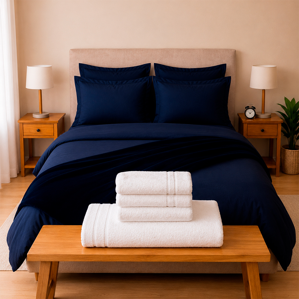Combo Soltero 1000 Azul Oscuro – Protector Antifluido, Plumón, Almohada(s), Juego Duvet, Cobija Bunny y Toallas