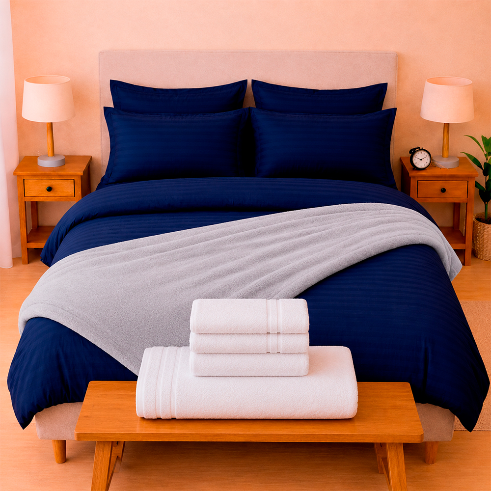 Combo Soltero 1000 Azul Oscuro Premium – Protector Antifluido, Plumón, Almohada(s), Juego Duvet, Cobija Bunny y Toallas