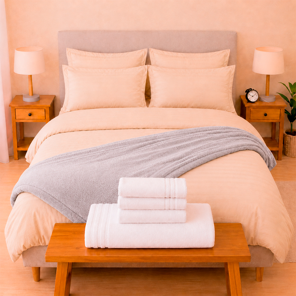 Combo Soltero 1000 Beige Premium – Protector Antifluido, Plumón, Almohada(s), Juego Duvet, Cobija Bunny y Toallas