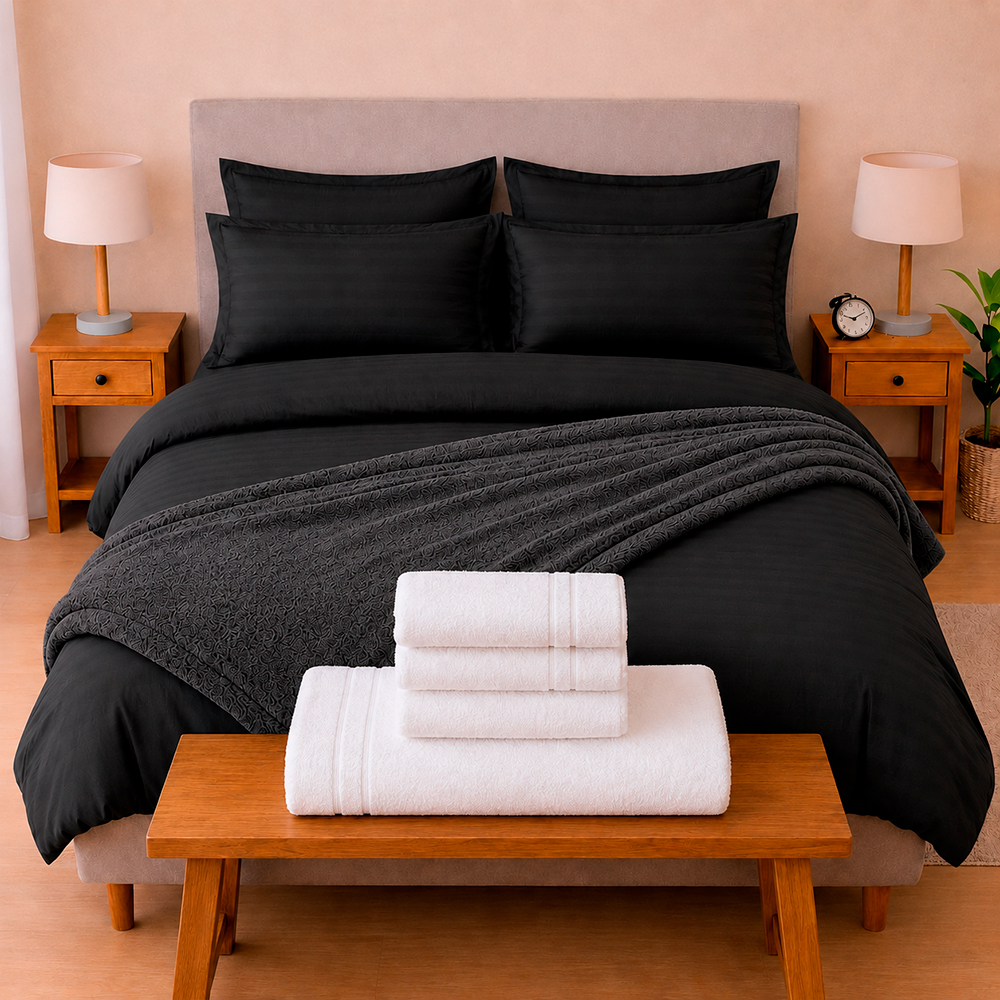Combo Soltero 1000 Gris Oscuro Premium – Protector Antifluido, Plumón, Almohada(s), Juego Duvet, Cobija Bunny y Toallas