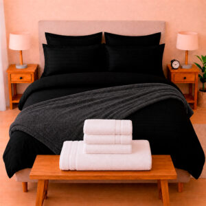 Combo Soltero 1000 Negro Premium - Protector Antifluido, Plumón, Almohada(s), Juego Duvet, Cobija Bunny y Toallas