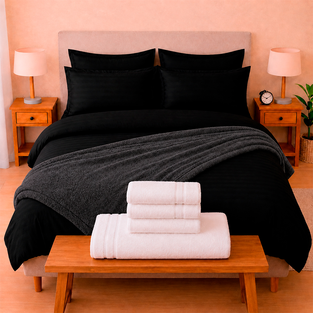 Combo Soltero 1000 Negro Premium – Protector Antifluido, Plumón, Almohada(s), Juego Duvet, Cobija Bunny y Toallas