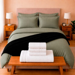 Combo Soltero 1000 Verde Oliva - Protector Antifluido, Plumón, Almohada(s), Juego Duvet, Cobija Bunny y Toallas