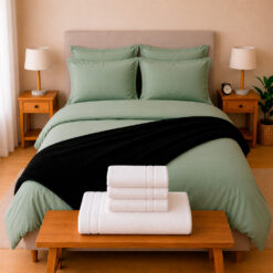Combo Soltero 1000 Verde Oliva - Protector Antifluido, Plumón, Almohada(s), Juego Duvet, Cobija Bunny y Toallas