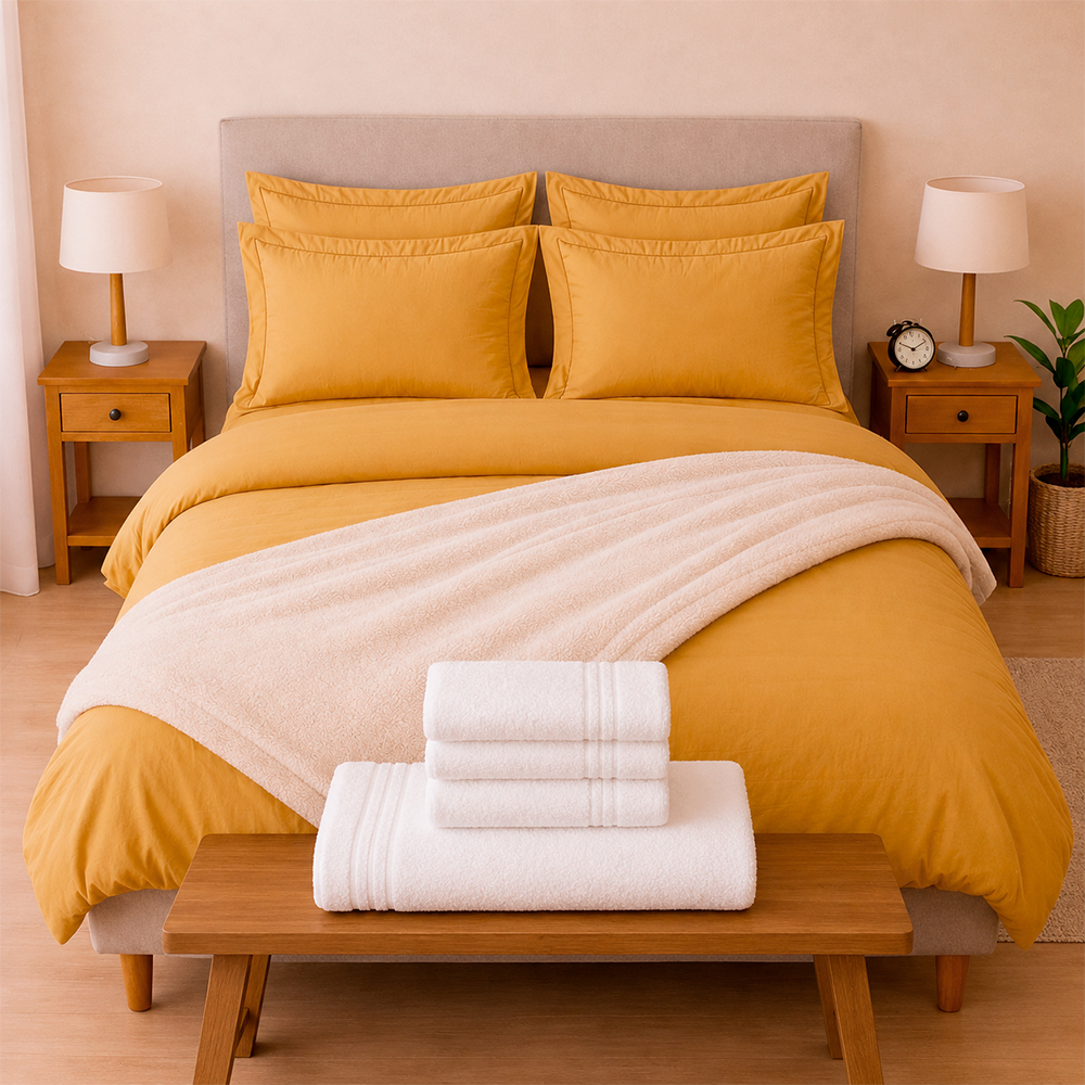 Combo Soltero 1000 Oro – Protector Antifluido, Plumón, Almohada(s), Juego Duvet, Cobija Bunny y Toallas