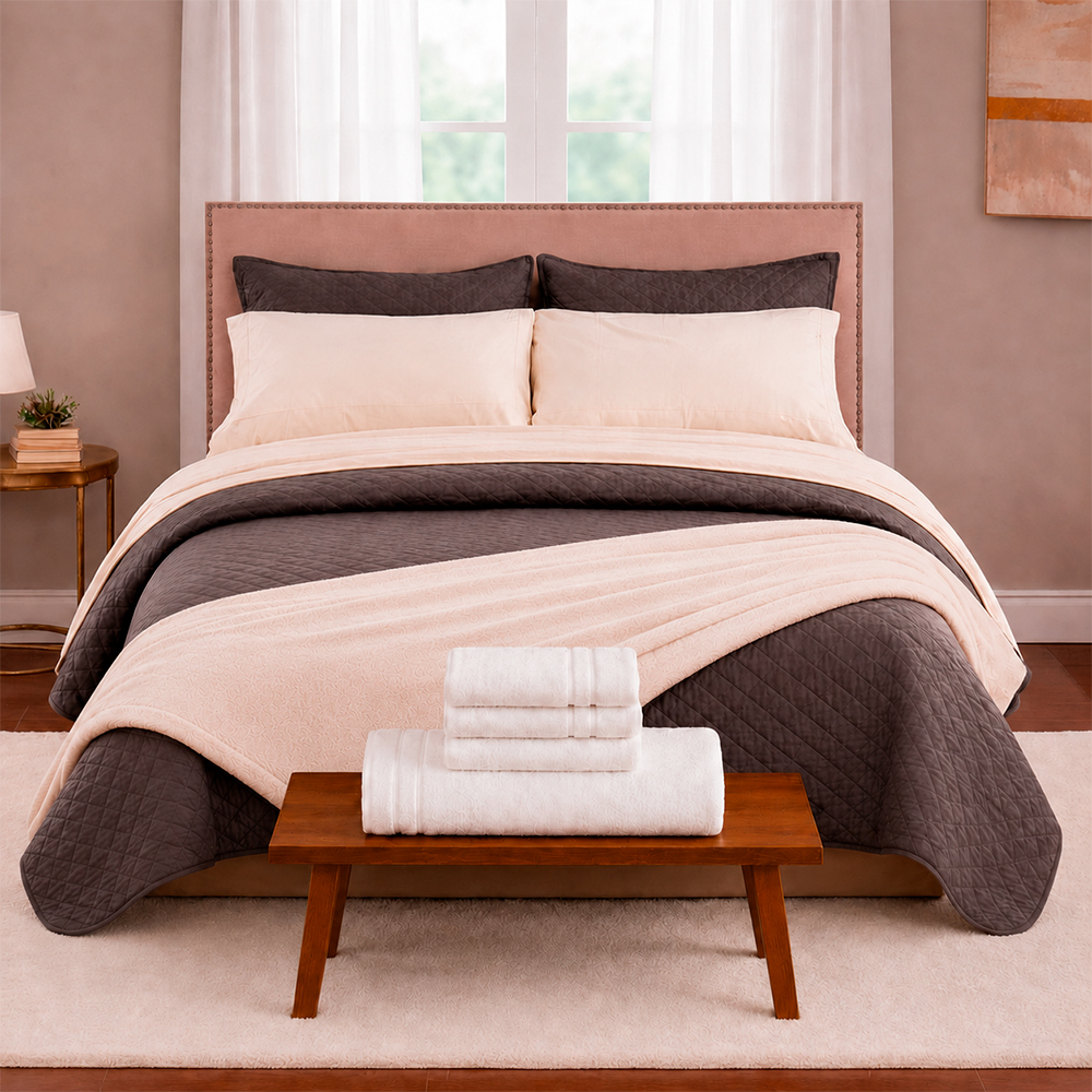Combo 2000 Beige Café – Colcha Española, Fundones, Cobija Bunny a Elección, Protector de Colchón Antifluido, Juego de Sábanas, Almohada(s), 2 Toallas de Manos, Toalla de Cuerpo y Tapete de Baño