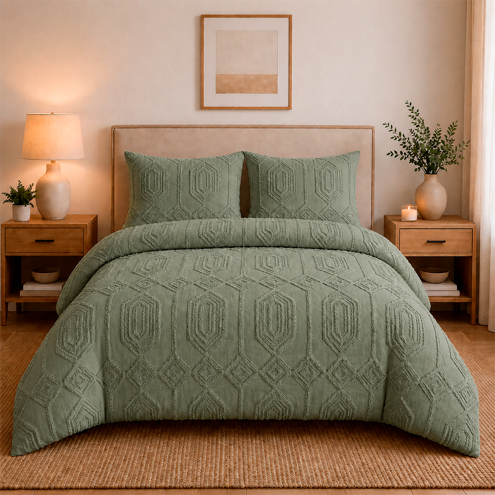 Juego de Duvet Jacquard Diseño Geométrico Verde Oliva