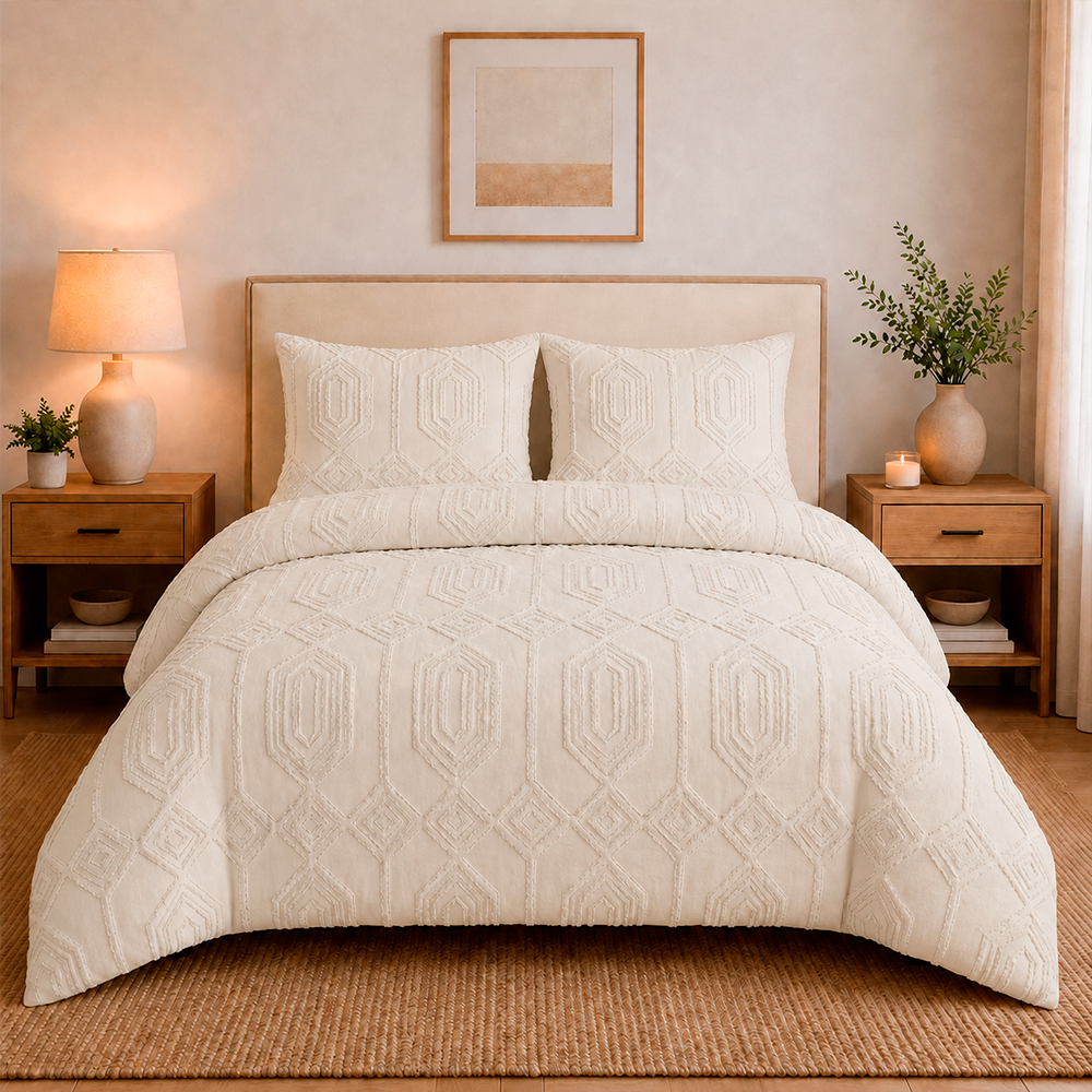 Juego de Duvet Jacquard Diseño Geométrico Marfil