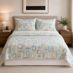 Juego de Sábanas Diseño Cuadrados 144 Hilos estampado cuadros azul amarillo gris | Casa Lile