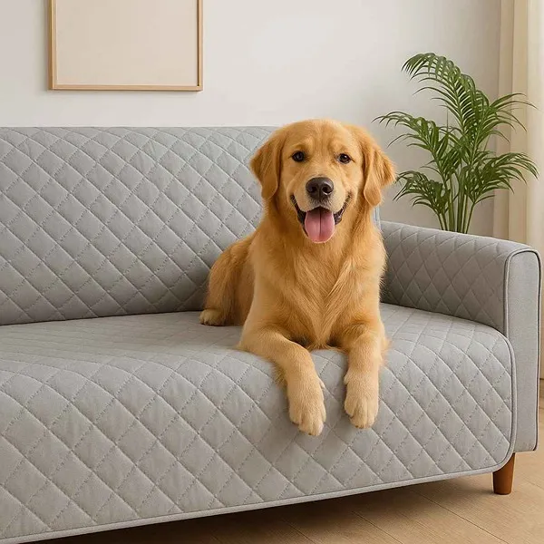 Perro recostado sobre protector de sofá acolchado gris antifluidos y pet friendly